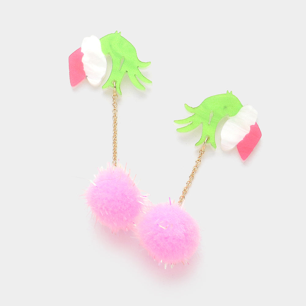 Grinch Hand & Pompom Drop Earrings