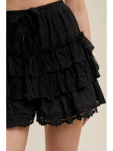 Load image into Gallery viewer, Black Lace Ruffle Tiered Shorts