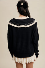 Load image into Gallery viewer, Black Bow Embroidered Cable Knit Sweater