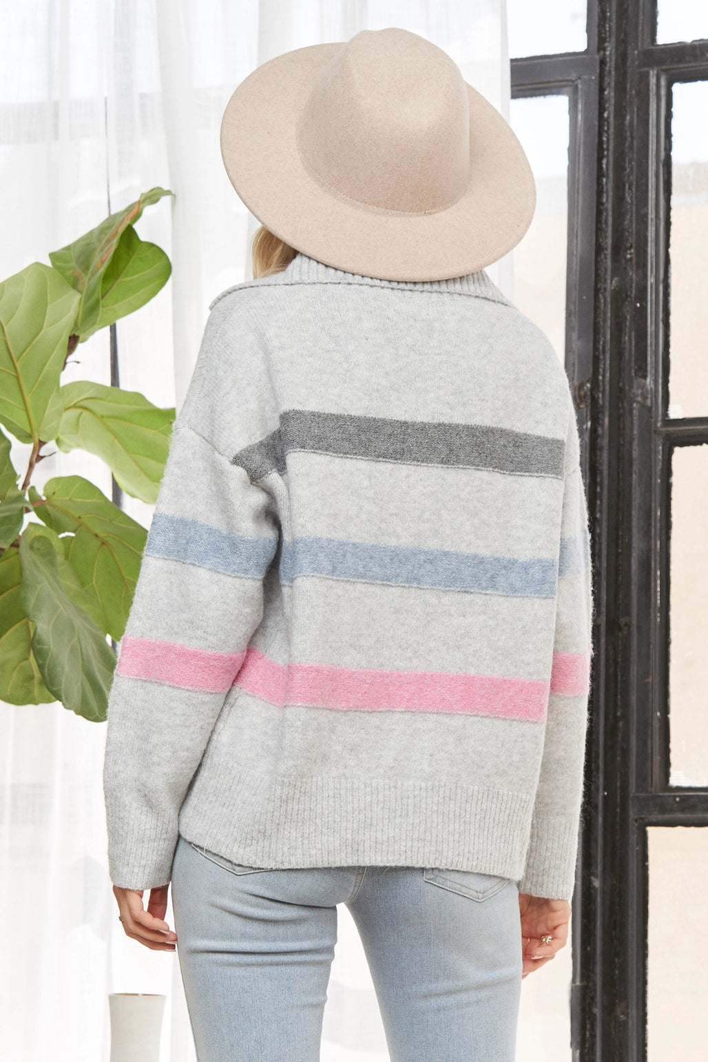 Grey Striped Collared Pullover