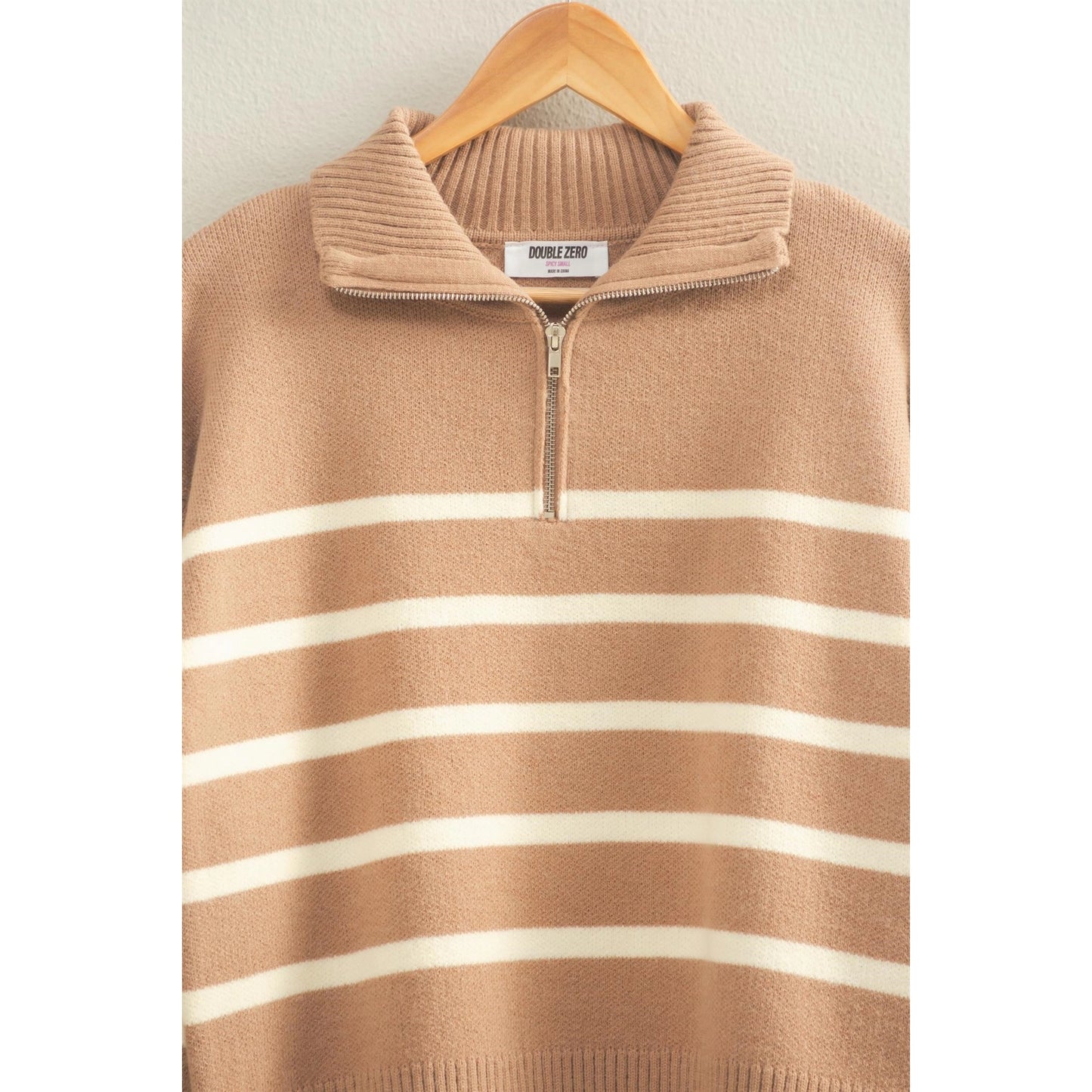 Dark Taupe & Cream Striped Half Zip Sweater