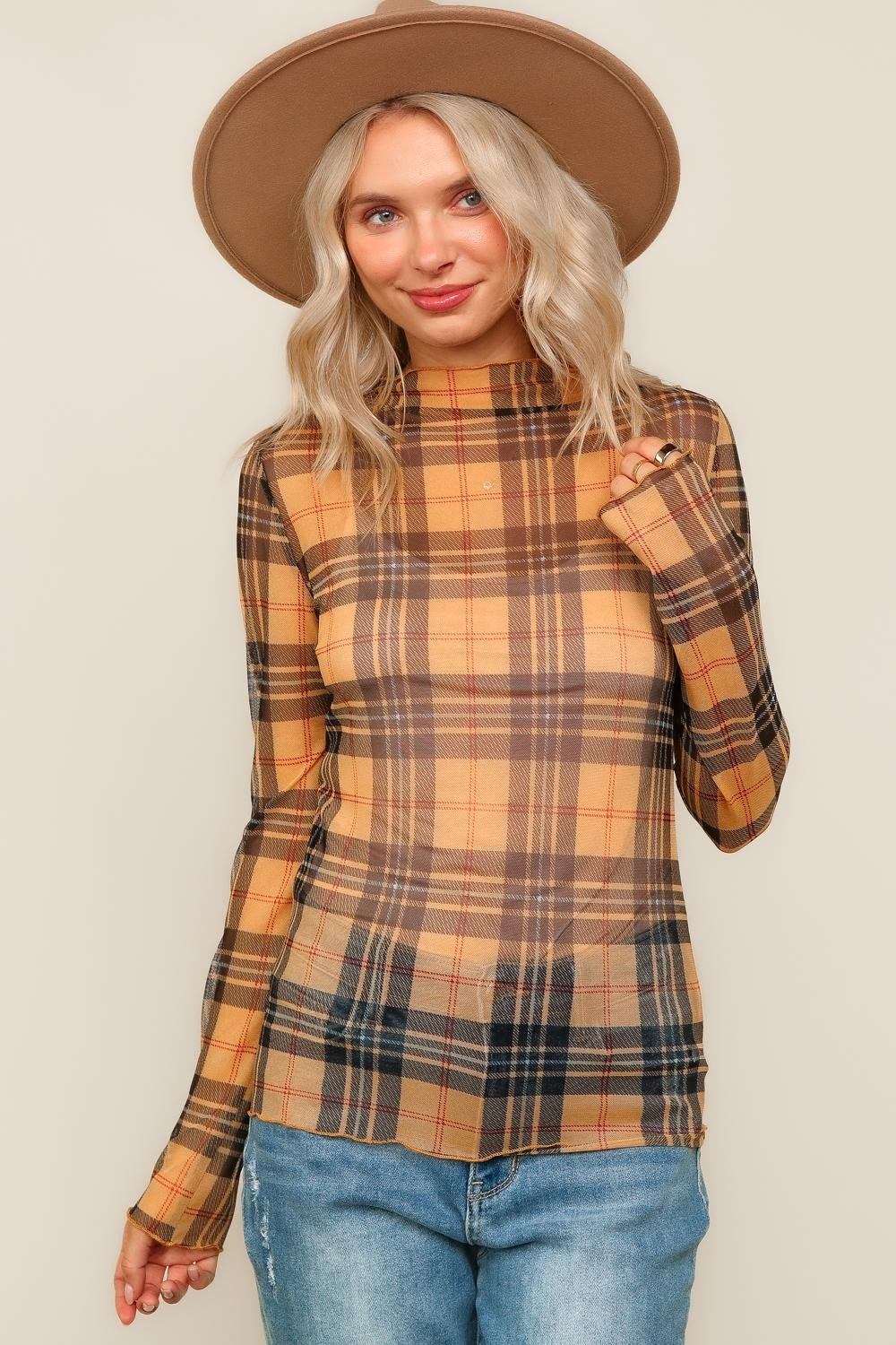 Butterscotch Plaid Mesh Top