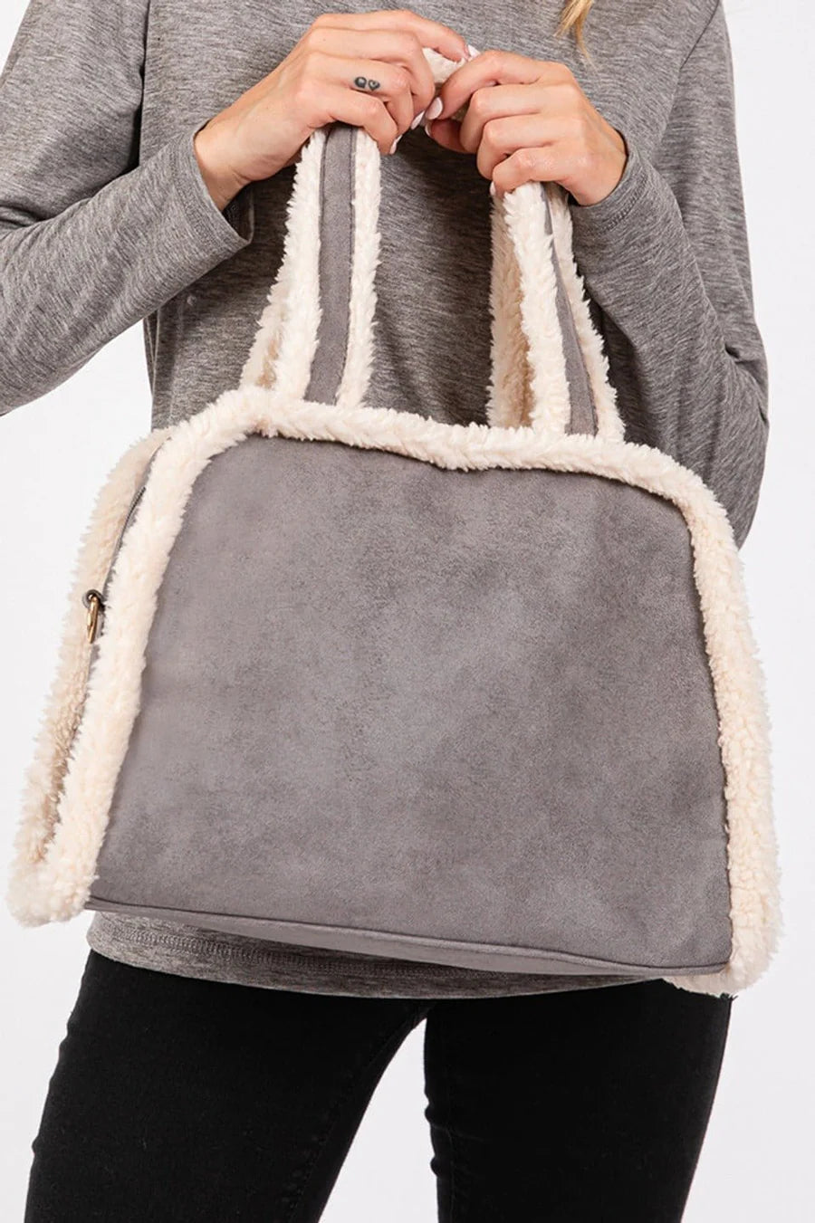 Grey Fleece Trimmed Tote / Crossbody Bag
