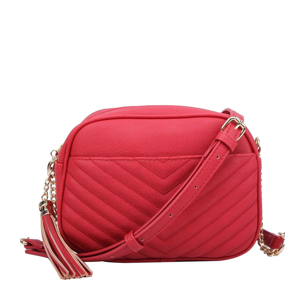 Red Double Zipper V Pattern Stitch Crossbody