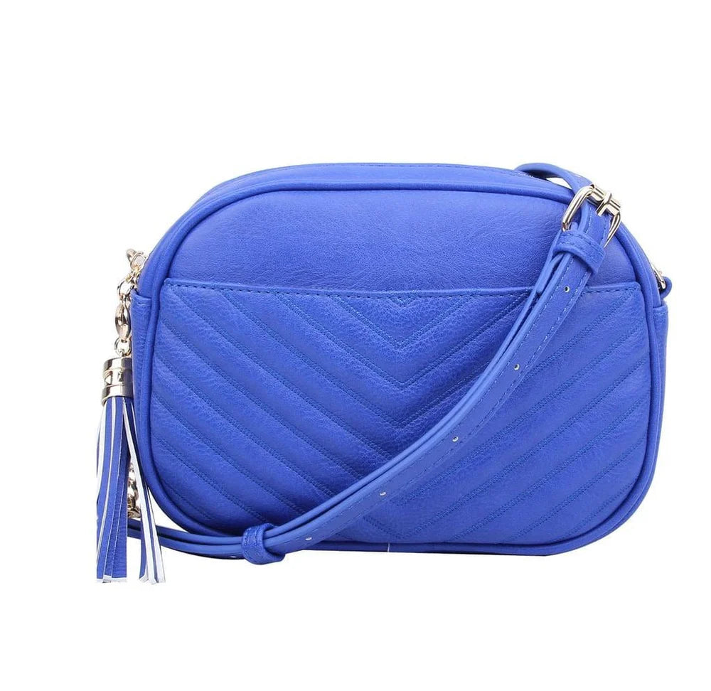 Royal Blue Double Zipper V Patterned Stitch Crossbody