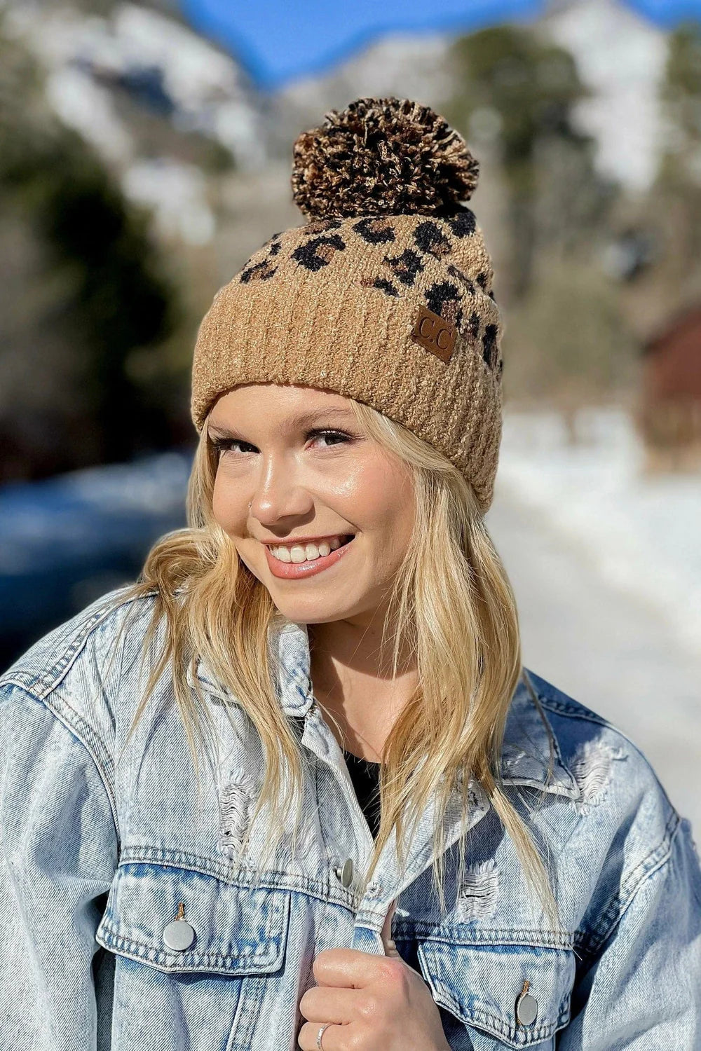 CC Leopard Jacquard Knit Pom Beanie