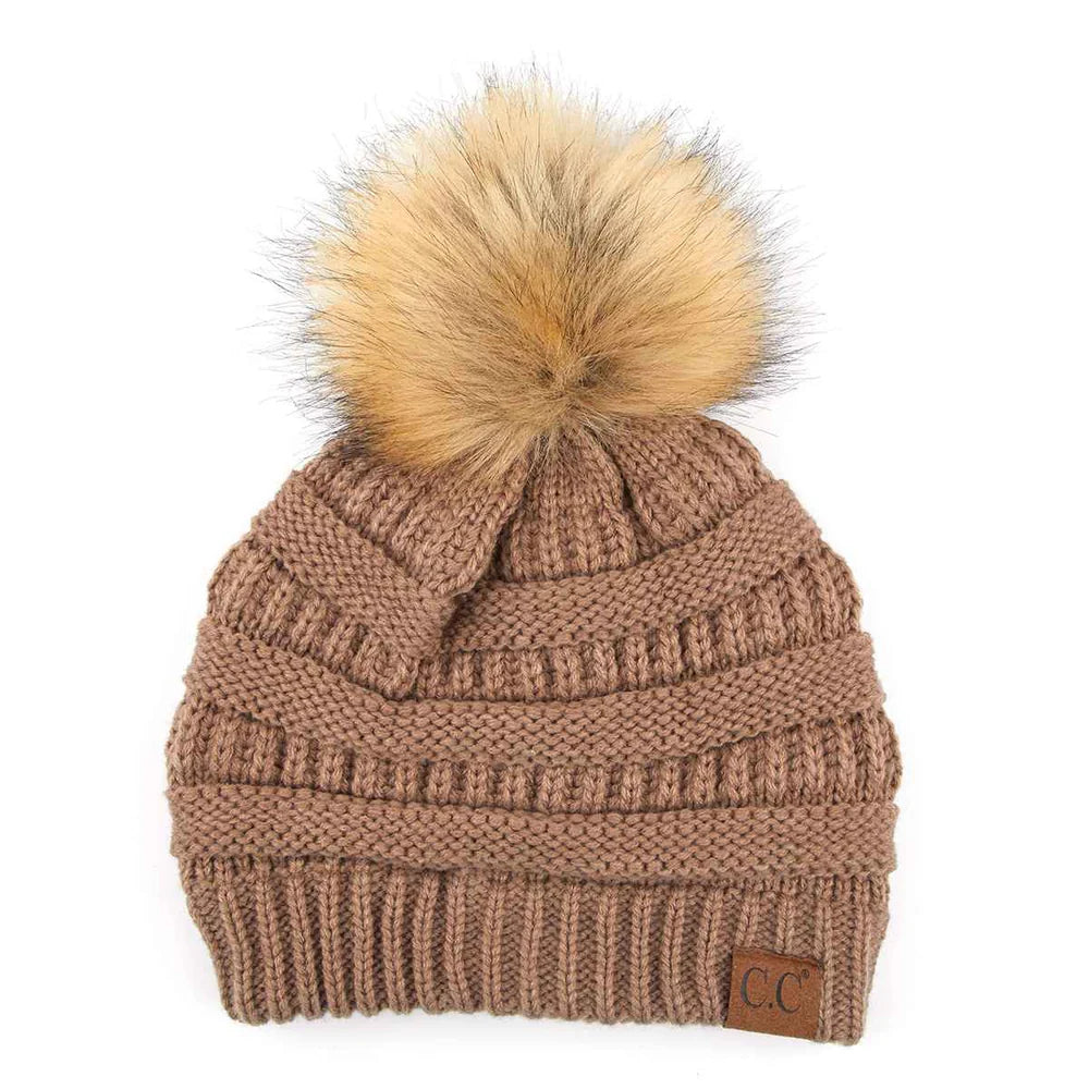 CC Taupe Knit Fur Pom Beanie