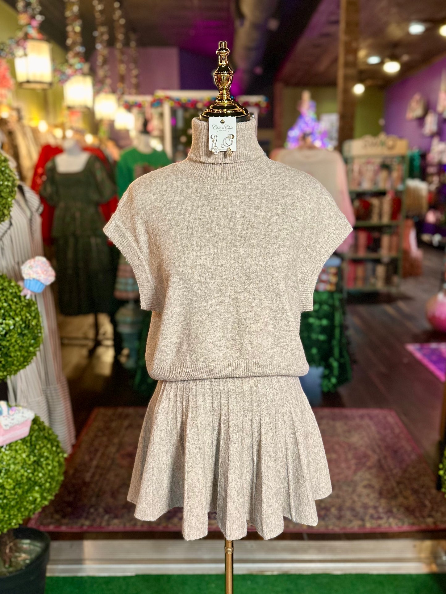 Dark Taupe Turtleneck & Skirt Sweater Set