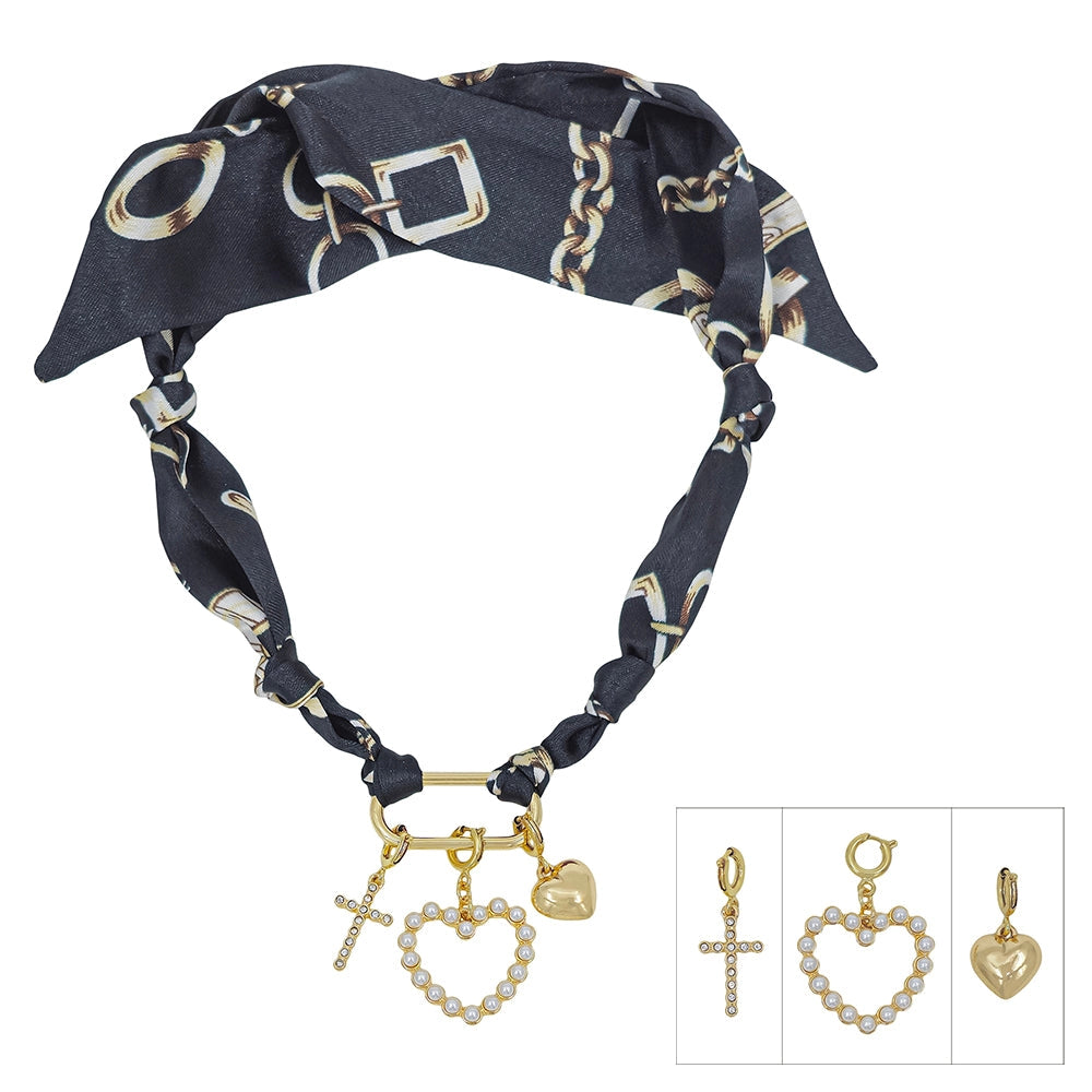 Black Multi Charm Scarf Necklace