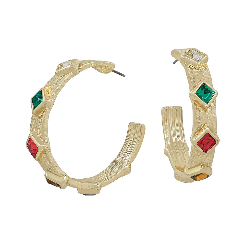 Gold Multi Color Jeweled Textured Hoops