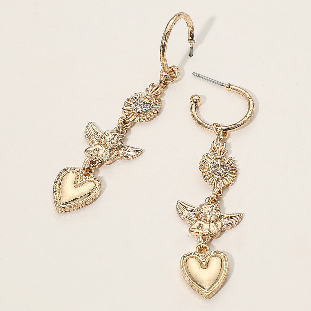 Rhinestone Heart & Vintage Angel Drop Earrings