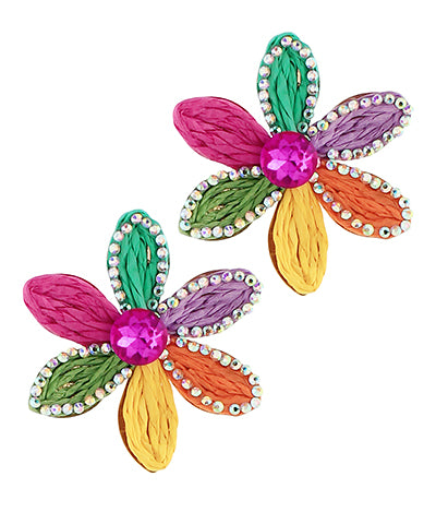 Multicolor Rhinestone Raffia Flower Studs