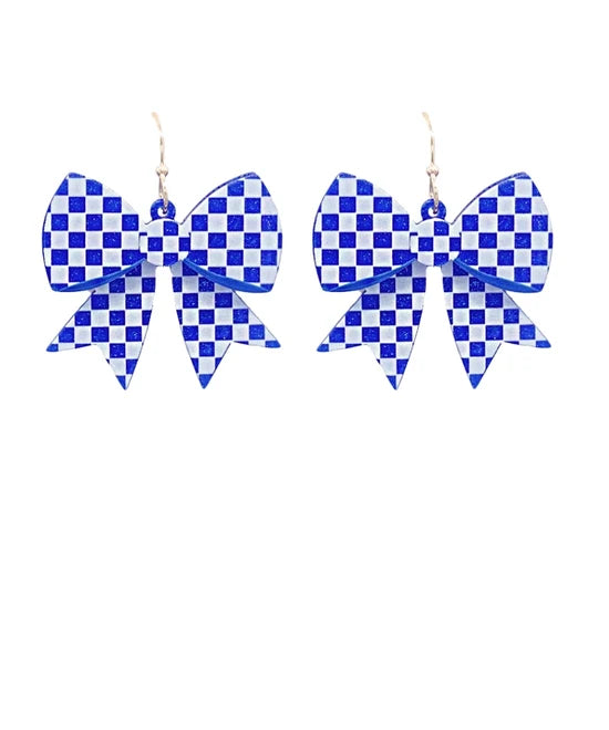 Blue/White Checkered Bow Earrings