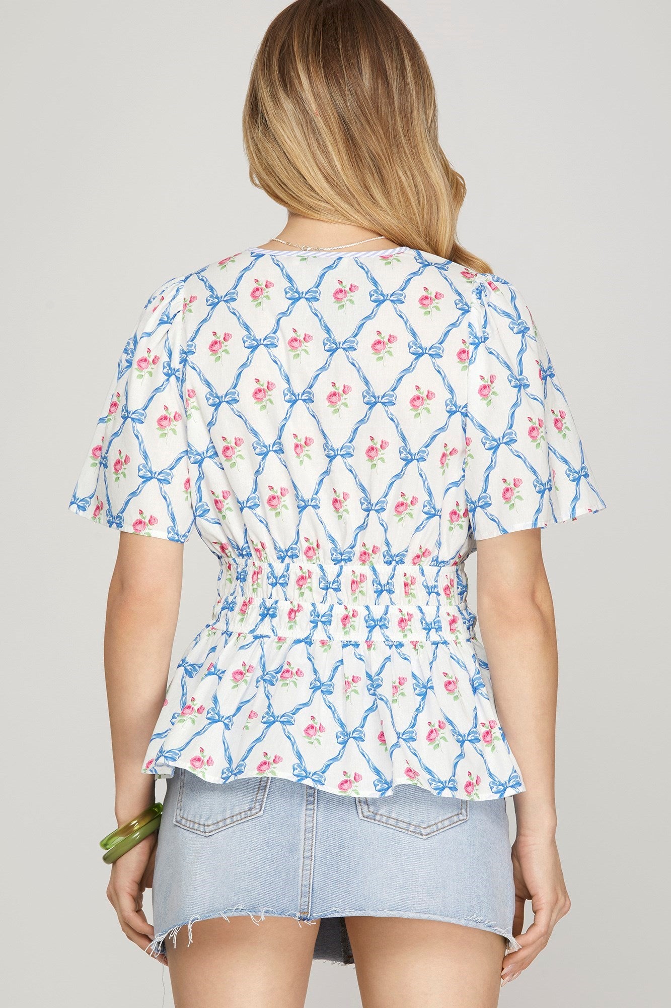 Short Sleeve Woven Floral & Bow Print Blouse