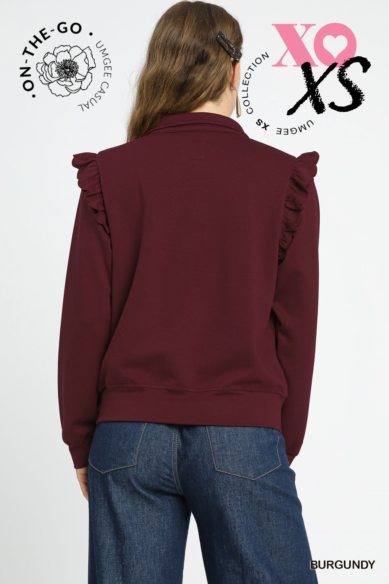 Burgundy Luxeknit Ruffle Shoulder Quarter-Zip Pullover