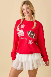 Red & White Football Game Day Patch Crewneck