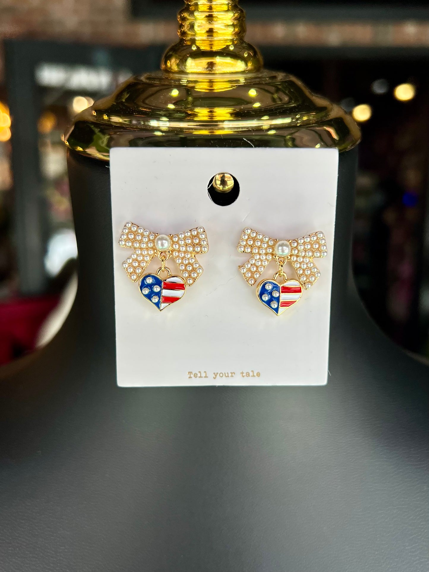 Pearl Embellished Bow & Patriotic Heart Drop Earrings
