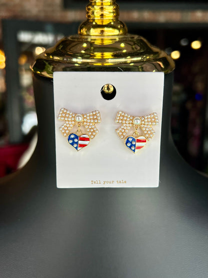 Pearl Embellished Bow & Patriotic Heart Drop Earrings