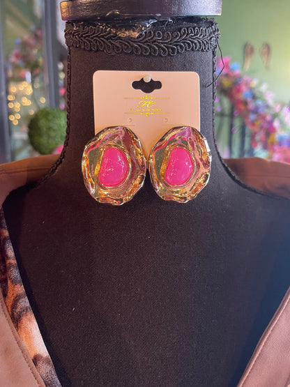 Fuchsia Stone & Molten Gold Earrings