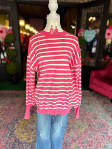 Pink Striped balloon sleeve Sweater