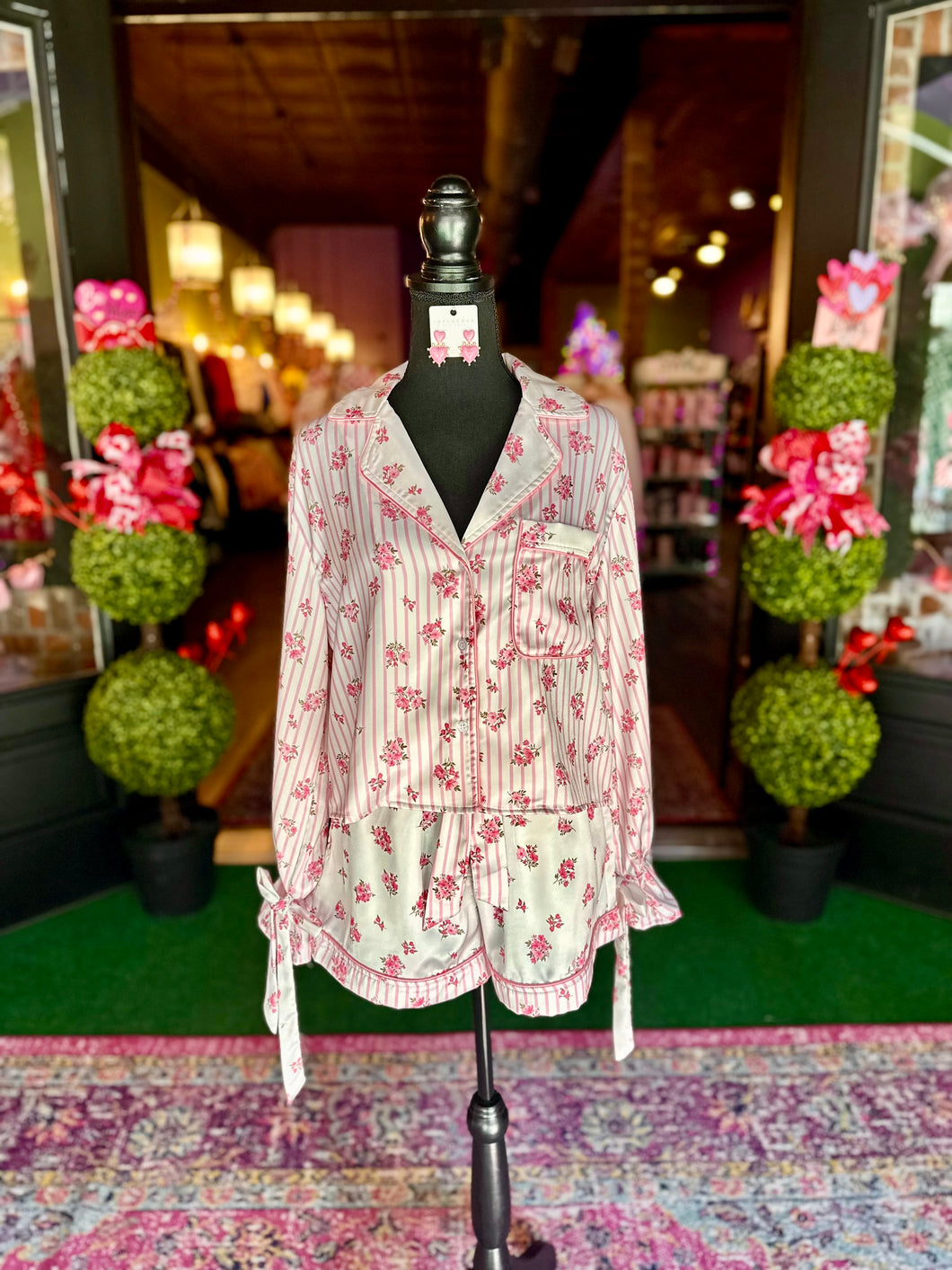 Satin Stripe & Floral Print Pajama Set