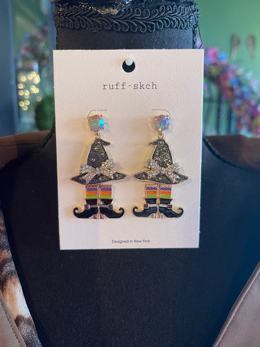 Rhinestone Paved Witch’s Hat & Boots Earrings