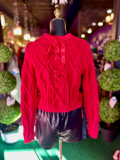 Red Satin Bow Tie Cable Knit Cropped Sweater