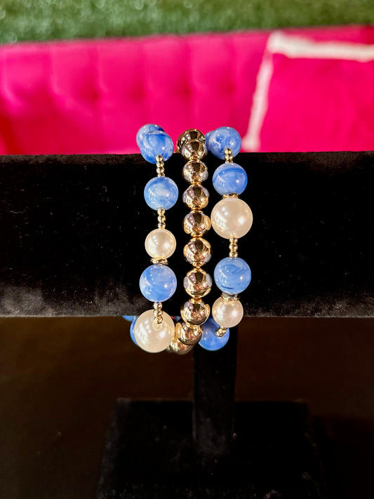 Blue Marble & Pearl Bracelet Set