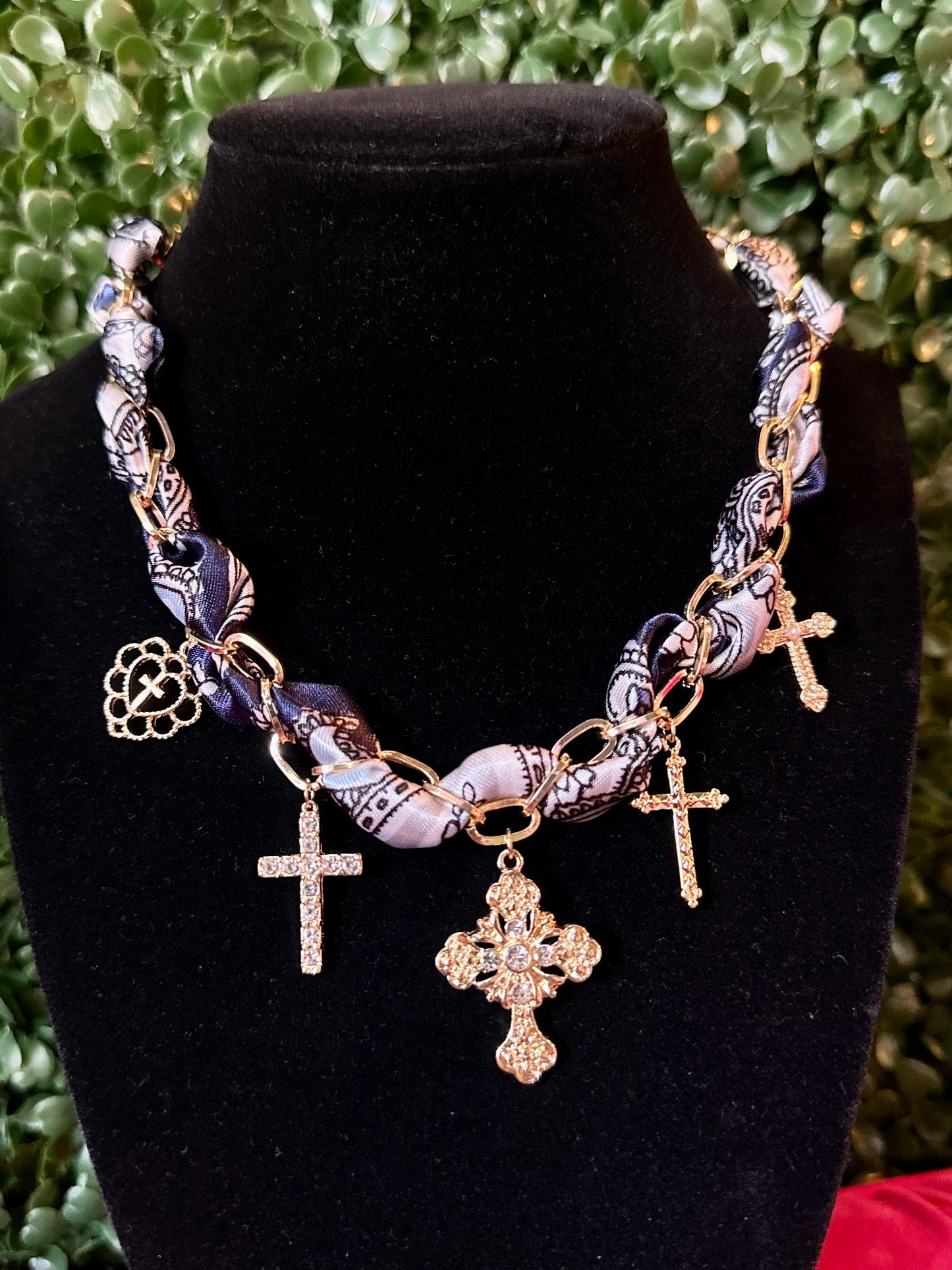Navy & Gold Cross Charm Scarf Necklace