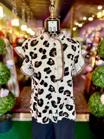Leopard Button-Up Ruffle Detail Blouse