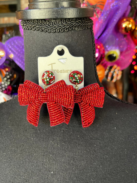 Red Beaded Bow Earrings