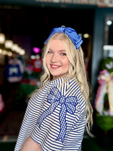 Blue & White Striped Bow Embroidered Cropped Top