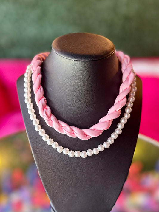 Pink Braided & Pearl Necklace Set