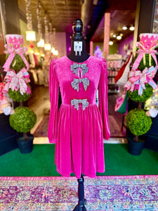 Hot Pink Velvet Long Sleeve Dress