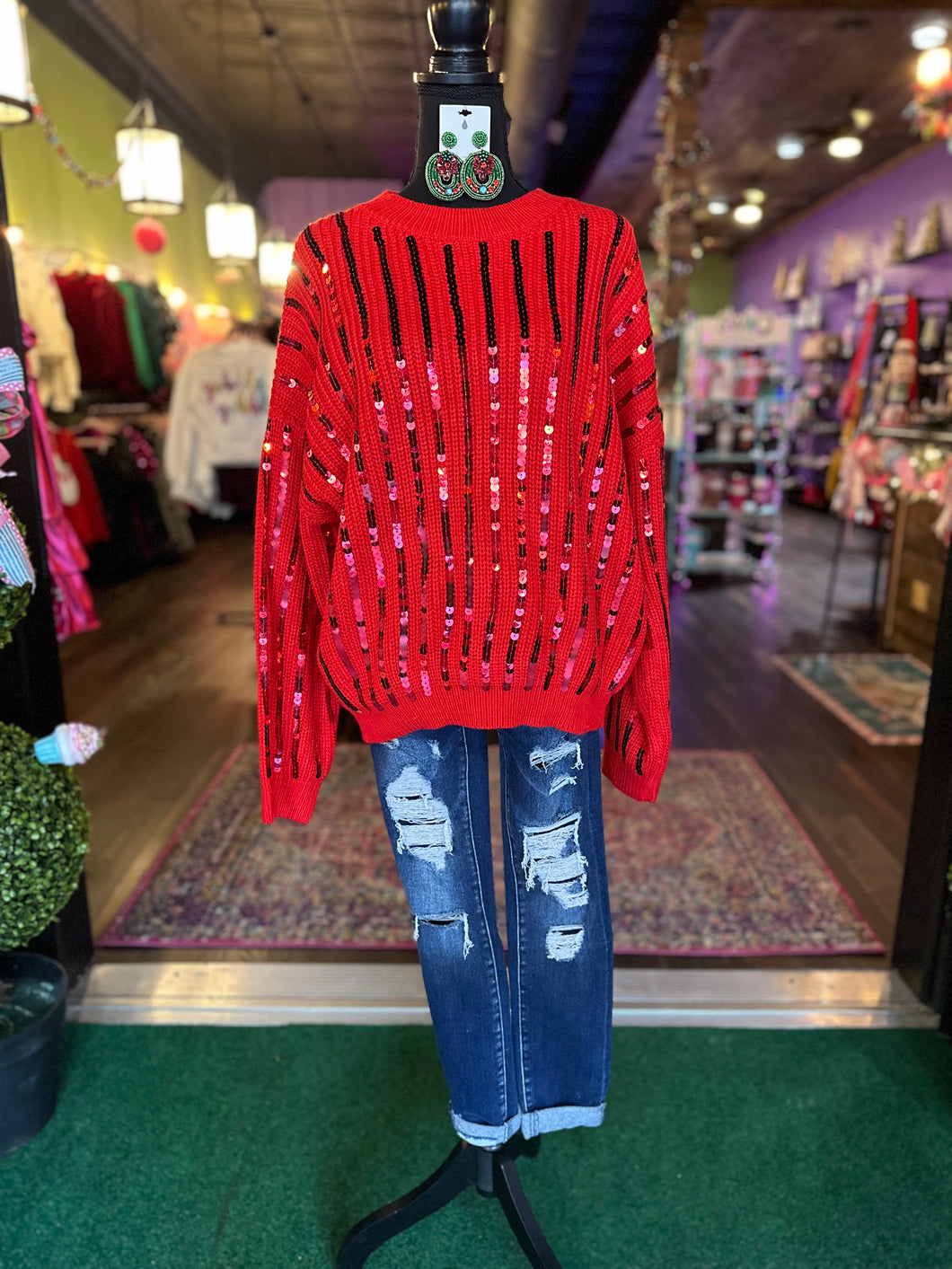 Red Sequin Stipe Sweater