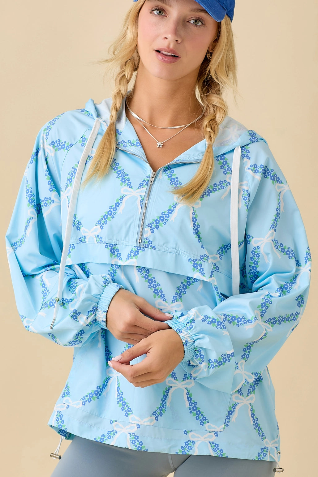 Blue Coquette Ribbon & Floral Print Windbreaker