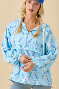 Blue Coquette Ribbon & Floral Print Windbreaker