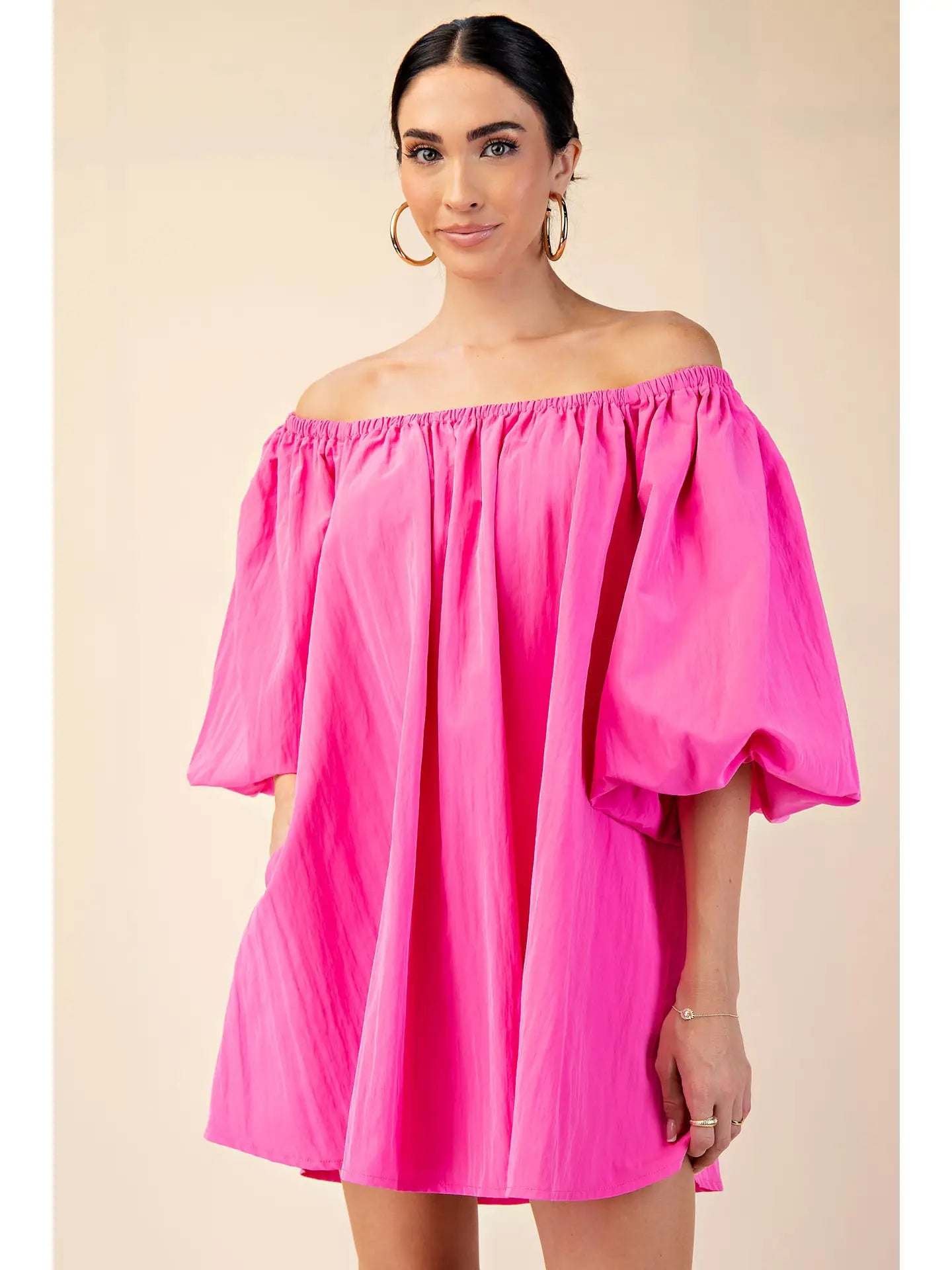 Hot Pink Puff Sleeve Mini Dress