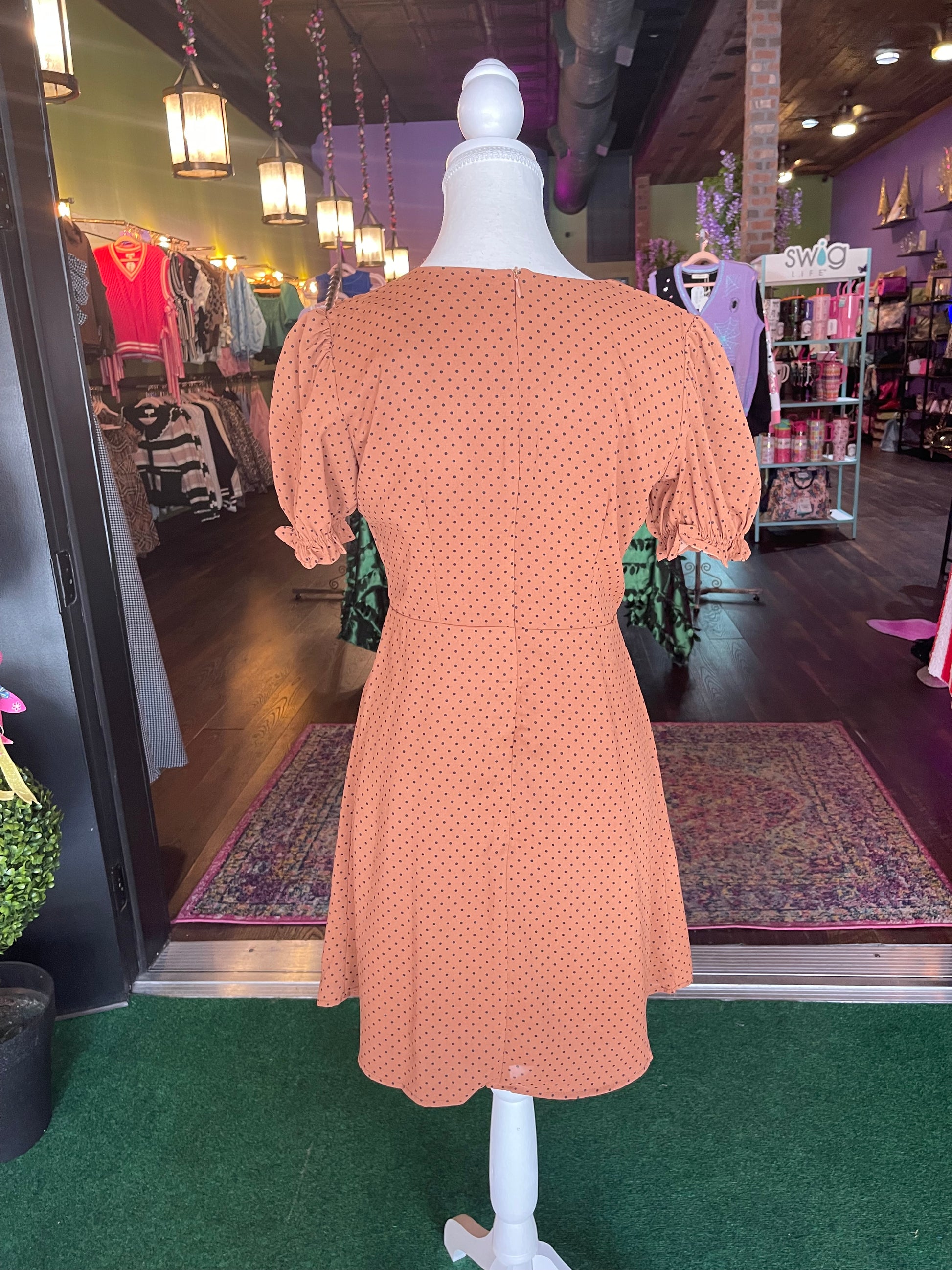 brown polka dot mini dress Imani 95% Nylon 5% Elastane Lining Asymmetric Neckline Mini Dress In