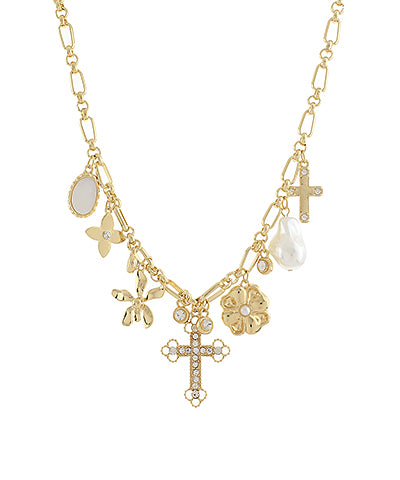 Rhinestone Cross Multi-Charm Necklace