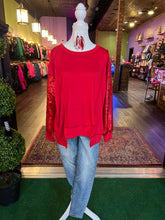 Load image into Gallery viewer, Red uneven hem top w/ Sequin Sleeves
