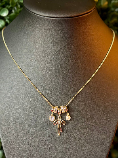 Pave Bow & Multi Charm Necklace