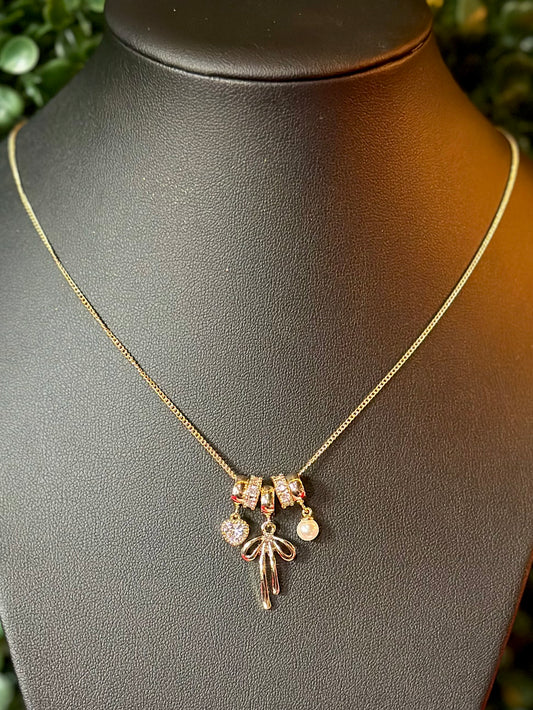 Pave Bow & Multi Charm Necklace