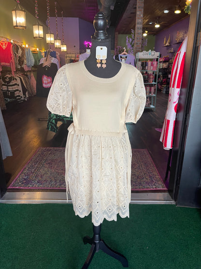 Embroidered Puff Sleeve Dress with Knit Vest