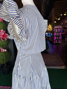 Blue & White Striped v-neck sleeveless midi dress
