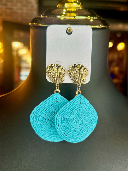 Gold & Turquoise Raffia Shell Drop Earrings