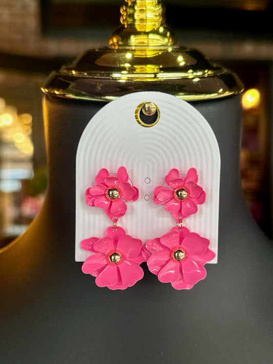 Hot Pink Double Flower Earrings