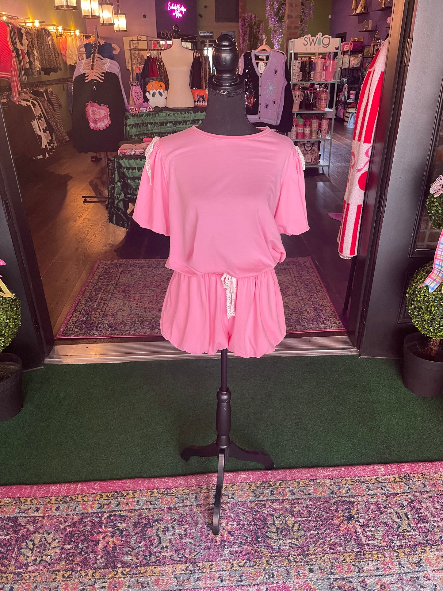 Pink Bubble Hem Cropped Top & Shorts Set