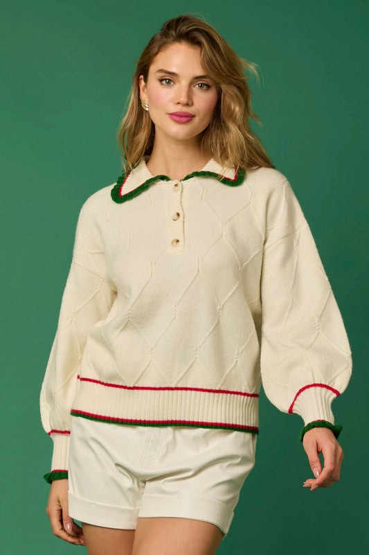 Cream Ruffle Collared Sweater