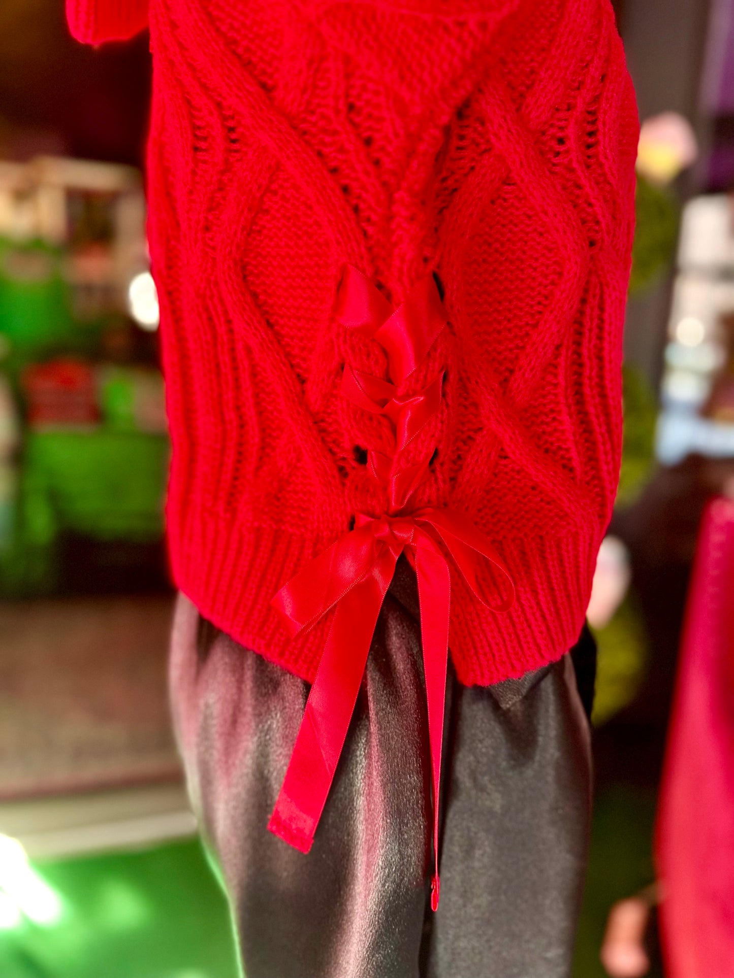 Red Satin Bow Tie Cable Knit Cropped Sweater